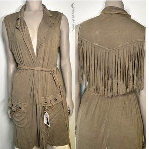 Designer long vest with fringe on the back